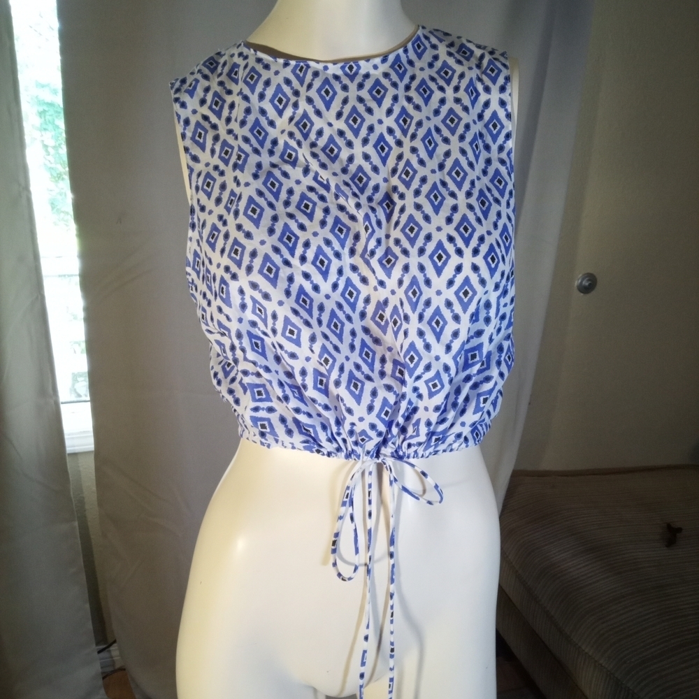 Zara Blue and White Sleeveless Crop Blouse